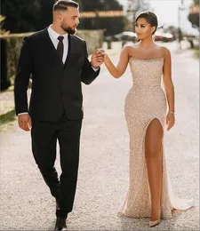 2023 Champagne stropplös sjöjungfru aftonklänningar sexig hög sida delad paljett prom party klänningar med stor båge robe de soiree vestidos longo