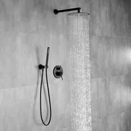 Pirinç siyah duvara monte banyo duş seti sistem muslukları tavan tepeden yağmur 8-12 "duş başı banyo mikseri musluk