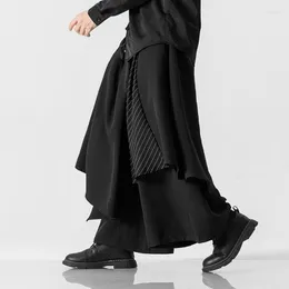 남자 바지 2023 패션 남자 넓은 다리 단색 탄성 허리 불규칙한 스커트 바지 펑크 검은 조깅하는 느슨한 팬탈 론 M-XL