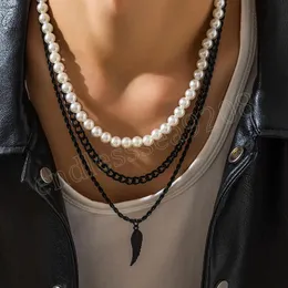 Imitacja Perła i gruby łańcuch z wisiorkiem Wing Naszyjnik 3 warstwowe rozdzielne łańcuchy na szyi 2023 Modna biżuteria mężczyzna