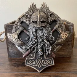 Decorative Objects Figurines Vintage Plaques Wall Decorative Classical Viking Crazy Warrior Double Axe Resin Ornament figurines Home Decoration 230810
