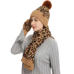 Beanie/Skull Caps The new autumn/winter 2021 knit hat wool hat women chic and foreign leopard print warm hat scarf gloves three piece set