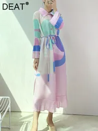 Basic Casual Dresses DEAT Woman Pleated Dress Elegant Multicolor Printing Single Breasted Flare Sleeve Maxi 2023 Autumn 17D1171 230810