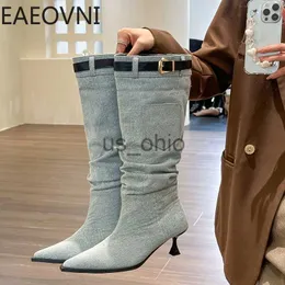 Buty Winter Denim Woman Knee High But Fashion na cienkim wysokim obcasie botas panie seksowne spiczaste palce palec długie J230811