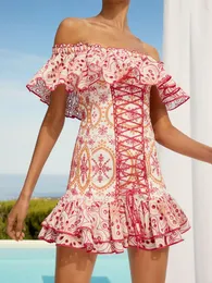 Grundläggande avslappnade klänningar Boho Inspirerade broderier mini Dres från axel rufsad halsringning Sommarklänning Sexig bomullsögonklänning Y2K klänning 230811