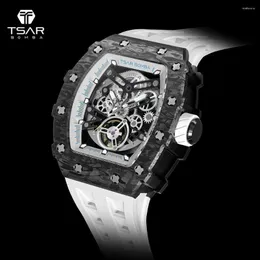 Wristwatches TSAR BOMBA 2023 Luxury Mens Automatic Watch Waterproof Carbon Fiber Clock Tonneau Skeleton Mechanical Wrist For Men