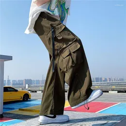 Męskie spodnie Foufurieux Spring Green szeroko nogi mężczyźni moda kieszonkowa kieszonkowa streetwear koreańskie luźne proste spodnie męskie