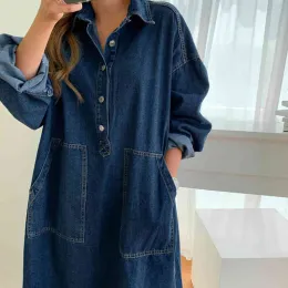 Denim Dress Women's Spring Clothing Full Sleeve Turn-Down Collar Jeans Dresses Casual Loose Female Street Wear Denim Robe Dress