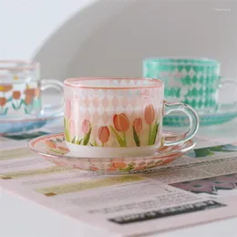 와인 안경 귀여운 핑크 튤립 패턴 유리 컵 찻잔 가정 커피 머그잔 주스 주스 물의 난방 파티 부부 아침 식사 머그잔