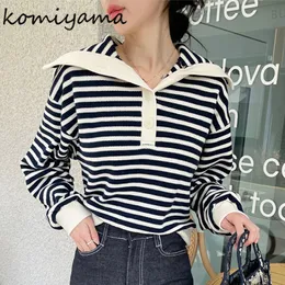 Kvinnors hoodies tröjor Komiyama Kontrast Stripe Womens kläder Drop Shoulder Lång ärm Ströja Löst Pullover Top Large Lapel Knitwears 230810