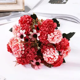 장식용 꽃 인공 실크 장미 데이지 Dahlia Hydrangea 지점 신부 웨딩 꽃가루 중심 꽃 배열 DIY 홈 장식