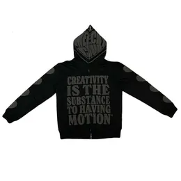Erkek Hoodies Sweatshirts Hip Hop Erkekler Y2K Retro Mektup Baskı Gevşek Tam Zip Uzun Kollu Sweatshirt Moda Yüksek Sokak Sonbahar Kapüşonlu Ceket Katlar 230810
