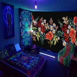 Tapestries Black Light Tapestry Wall Hanging UV Reactive Psychedelic World Hippie Tapestry for Bedroom Dorm Indie Room Decor R230811