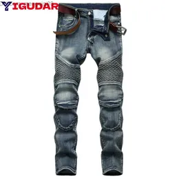 Jeans masculinos Novos jeans de bicicleta masculina Ultra-Fied Fit Pleated Motorcycle Denim Troushers Designer High Elastic Durned Jeans Pantalones Z230814