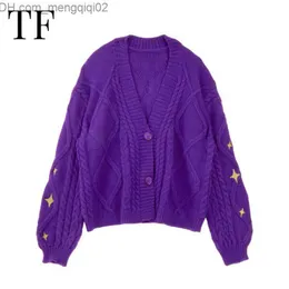 Kvinnors tröjor Vinterlila Cardigan Women's Star broderad tröja med begränsad upplaga Handgjorda stickade Cardigan Lor talar vintage nu tröja topp Z230814