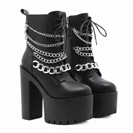 BOTAS BOTAS femininas Autumn High Heel Plataforma à prova d'água Nightclub Sapatos femininos de manga média Lace Up Motorcycle Boots Women J230811