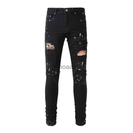 Ny ankomst herrmode orolig svart målning streetwear mager förstörda hål bandana revben lappa rippade målade jeans hkd230812