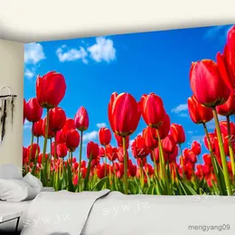 Hapentasyonlar Pembe Tulip Çiçek Goblen Duvar Asma Bahçe Goblen Sanat Yurt Evi Yatak Odası Arka Piknik Dekorasyon Piknik Bezi R230812