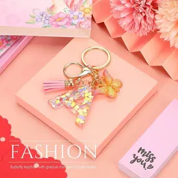 Keychains Lanyards Love Sequins English Key Chain Futterfly Tassel Keyring Accessories 26 Letters Crystal Drip Gel Pendant Alphabet Keyholder