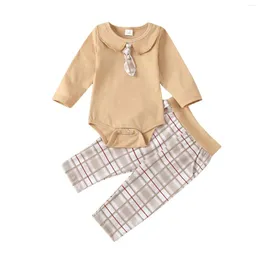 Kläderuppsättningar Telotuny Born Kids Baby Girls Boys Tie Gentleman Långärmad solid Romper Plaid Pants Outfits Kläder Set 0-12m