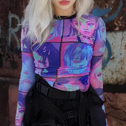 Camiseta feminina feminina Mulheres transparentes Mesh Crop Tops Y2K Fairy Aesthetic Grunge Fashion Print Summer Streetwear Casual T-shirts BodyCon 230811