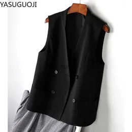 Женские жилеты Yasuguoji Fashion Double Breads Women Жилетки New 2021 Осень Slim Fit v Шея Формальное офисное жилетное пальто Ladies Plus Kackets Hkd230812