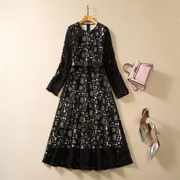 2023 Autumn Black Floral Lace Belted Dress Long Sleeve Round Neck Panelled Midi Casual Dresses S3G120809