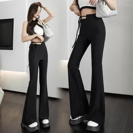 レディースパンツ韓国ファッション包帯女性カジュアルストリートウェアリムフィットスキニーズボン女性の女の子の非対称性ベルボトムドロップ2