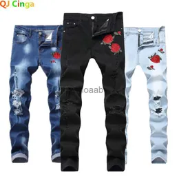 Jeans bordados de rosa vermelha para calças macinhas pretas masculinas para homens de moda branca Pantalon Hole Decoration Slacks 28-42 HKD230812