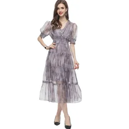 Women's Runway Dresses Sexy V Neck Short Sleeves Tiered Ruffles Printed Elegant High Street Vestidos