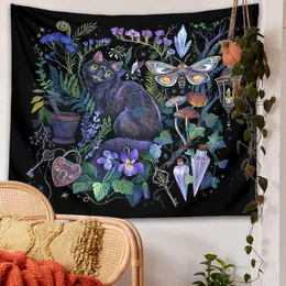 Tapeçarias Gato preto jardim tapeçaria parede pendurado flor lua traça quarto decoração de casa pano