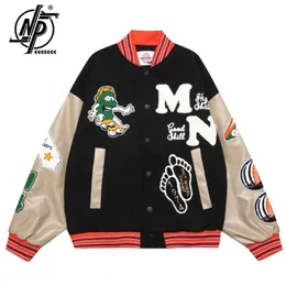 Mens Jackets Vintage Bomber Jacket Men Women Cartoon Embroidery Motorcycle Patchwork Leather Sleeve Baseball Hip Hop Loose Coat 230811