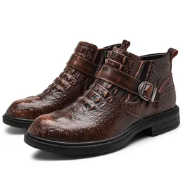 Boots Moto Cowboy Ankel Men äkta lädermönster Belt Buckle Hightop Office Shoe Man Vintage Chelsea Tooling 230811
