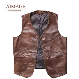 Men's Vests Men Genuine Leather Vest Short Vintage Sleeveless Jaqueta Couro Motociclista MultiPockets Size 4XL Breathable Overcoats PY275 230812