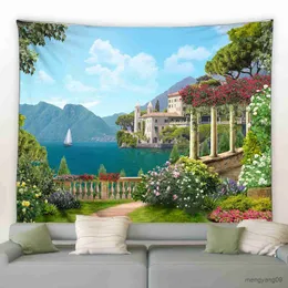 Wandteppiche europäischer Stil Seaside Town Blume Napestry Retro Italienische Architektur Pflanzen Landschaft Wand Hänge Wohnzimmer Garten Dekor Tuch R230812