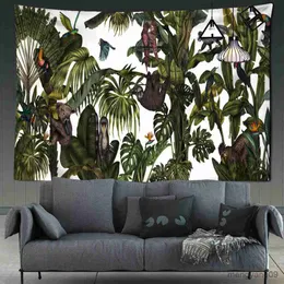 Taquestres plantas tropicais tapeçaria folhas verdes parede pendurada animais flores e pássaros tapeçaria hippie decoração de quarto de casa r230812
