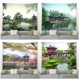 Wandteppiche Park Natural Landscape Tapestry River Pavilion Grüne Pflanzen Blumen Chinesische Stil Landschaft Dekoration Home Wand Wandteppich R230812