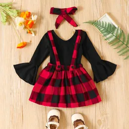 Clothing Sets Infant Baby Girls 3 Pieces Outfit Solid Color Round Neck Flare Long Sleeve Romper Plaid Suspender Skirts Headband Set 0-24 M