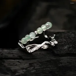 Cluster Rings MLKENLY S925 Sterling Silve RGreen Natural Dongling Jade Open Ring Ornament Handmade Inlaid Retro Women's Fine Jewelry