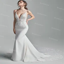 Abiti da sposa sirena di coda in pizzo chic sexy spaghetti cinghia boho spiaggia abiti da sposa affascinante stile da sposa abbiglia