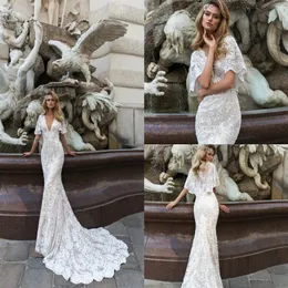 2018 Crystal Design Mermaid Vestidos de noiva Deep V Varraforão de Trex Lace Tulle Apliques Bell Sleeve Country Vestido 293W