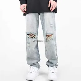 Summer Mens Ripped Jeans Blue Loose Fit Hole Wide-leg Pants Casual Fashion Trousers Streetwear High quality Denim Man Clothing HKD230812