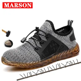Safety Shoes MARSON Men Breathable Mesh Safety Shoes Men's Light Sneaker Indestructible Steel Toe Soft Anti-piercing Work Boots Plus size 230812