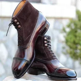Buty Mężczyźni Krótki brązowy stado koronkowe kwadratowe palce ręcznie robione buty na kostce z zapatos hombre 230811