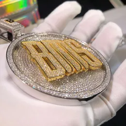 Hip Hop Hop personalizzato Pendente a piastra rotonda con ghiaccio completo VVS Moissanite Diamond Chanms per collana Solid Sier 3D Ciondolo Lettere 3D