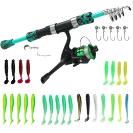 Fishing Accessories 29pcs 15m Telescopic Rod Reel Soft Baits Hooks Bag Kit Portable Gear Set 230811