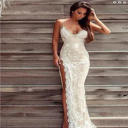 Abiti da sposa sexy in pizzo ad alta fessura con spalline di spaghetti Applique in pizzo bianco Applique di champagne in satinata abito da sposa senza sposa Ch343o