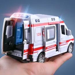 Diecast Model 1 32 Simulation Ambulance Model Sloy Prowd Wetwing Sound و Light Die Corting Car Toy Special Car Children's Gift 230811