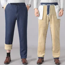 Herrenhosen 2023 Winter langer Kaschmir Jeans Männliche elastische Taille dicke warme Männer lässig Lambswool gerade L90