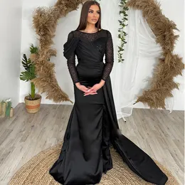 Black Sequined Mermaid Evening Dresses with Detachable Train Ruched Satin Formal Gown Plus Size Arabic Dubai Bead Special Occasion Dress